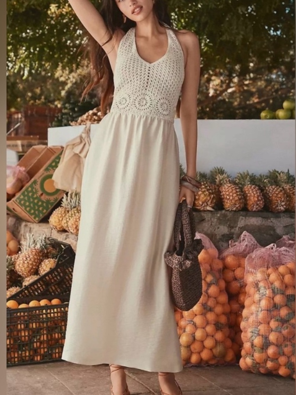 Loft Crochet Knit Halter Midi Dress Beige Cream Off-White Resortwear Travel Sz 0
